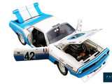 a blue and white car with its hood open on a white background