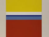 an image of a painting on a white wall with a red, yellow, blue, and green stripe