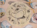painting of a circle with a drawing of a cat on it