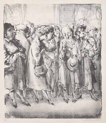 dessin représentant un groupe de personnes alignées devant une fenêtre