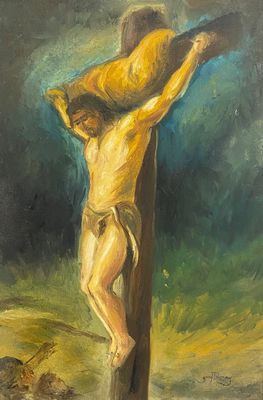 un tableau représentant un homme sur une croix, avec le ciel en arrière-plan