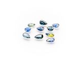 a group of six blue and yellow sapphire tear shaped gems