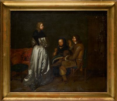an image of a painting of a woman and two men in a room