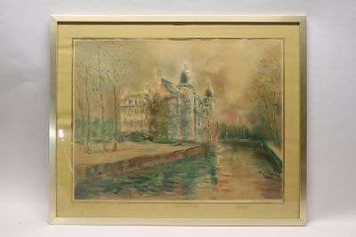an image of a picture of a painting of a building by a river