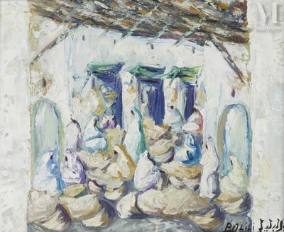 a painting of a group of people sitting in front of a building