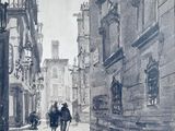 a drawing of a man riding a horse down a street