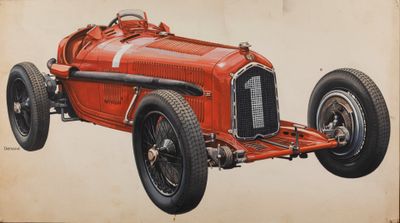 painting of a red race car with a white stripe on the front