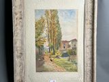 a painting of a country road with trees and houses in the background