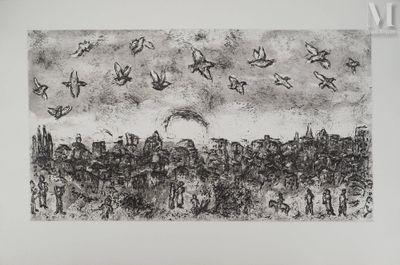 un dessin en noir et blanc représentant des oiseaux survolant une ville