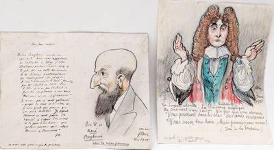 an old drawing of a man with a beard and a woman with long hair