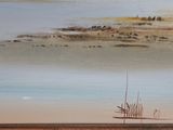 a picture of a painting of a beach with a boat in the water