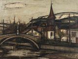tableau représentant un pont sur une rivière, avec une église en arrière-plan