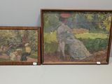 deux tableaux encadrés représentant une femme et un enfant dans un jardin