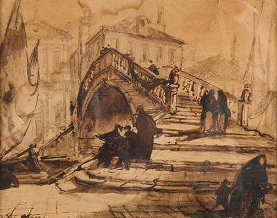 dessin représentant un pont sur lequel marchent des personnes, avec un bateau dans l'eau