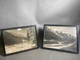 two black and white photographs of a mountain scene and a river