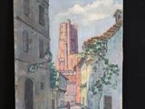 an oil painting of a street scene with a church in the background