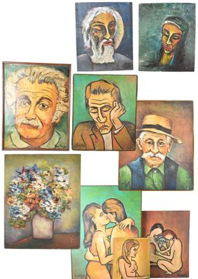 tableau représentant un groupe de personnes avec un vase de fleurs devant elles