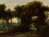 tableau représentant un paysage boisé avec des personnages et une rivière