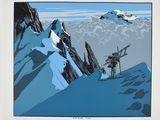 a picture of a mountain scene with a skier and a snowboarder