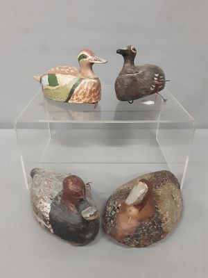 trois canards posés sur une étagère transparente