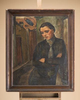 a painting of a man standing in front of a sign