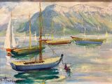 painting of boats in the water with mountains in the background