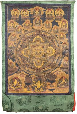 une thangka tibétaine verte et dorée, ornée d'un motif circulaire