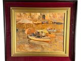 peinture à l'huile encadrée représentant des bateaux dans un port, avec des bâtiments en arrière-plan