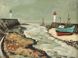 une peinture représentant un bateau sur l'eau près d'un phare