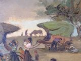 a painting of a group of people on a beach