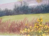 a watercolor painting of a field with yellow flowers