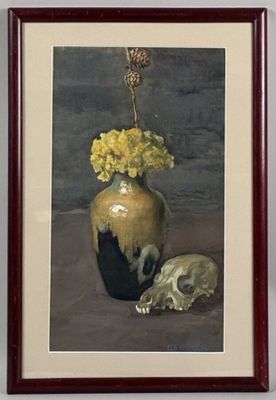 painting of a vase with yellow flowers and a skull on a table