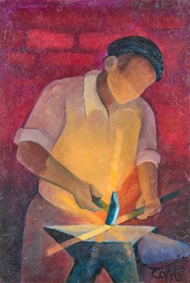 an oil painting of a man working with a hammer on an anvil