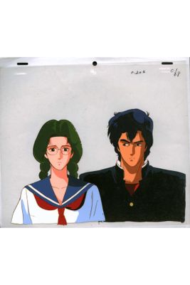 two anime characters are standing next to each other in front of a white background