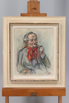 painting of an old man with a pipe on a easel