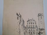 dessin représentant une scène de rue avec des bâtiments et un lampadaire