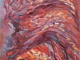 an abstract painting of a woman in a red hat