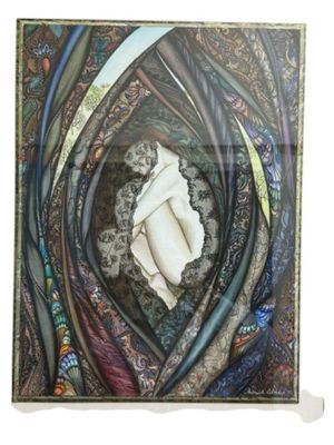painting of a woman ' s face in a swirly frame