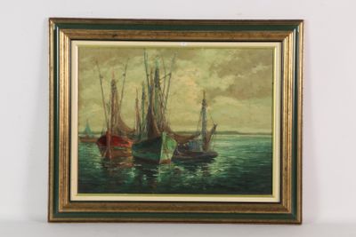 a picture of a painting of boats in the water