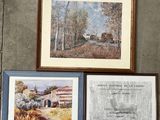 three framed pictures of a farm and a barn in a field
