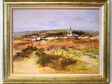 an oil painting of a landscape with a village in the distance