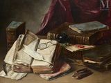 une peinture représentant un livre, des lunettes et d'autres objets posés sur une table