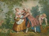 une image représentant un tableau où l'on voit trois femmes cueillir des fleurs dans un bois