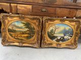 pair of antique framed paintings of a country scene
