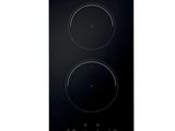 a black stove top with two burners and two knobs