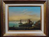an oil painting of a boat in a body of water with a castle in the background