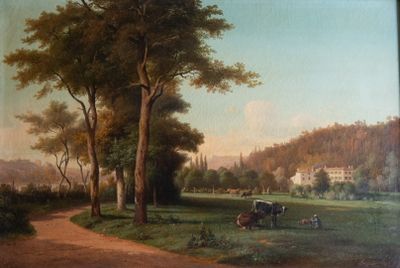 tableau représentant une scène de vie rurale avec une calèche tirée par un cheval