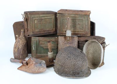 a pile of old items sitting on top of each other