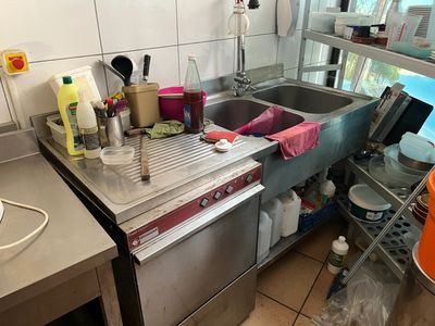 une cuisine avec un évier, une cuisinière, un lave-vaisselle et d'autres éléments sur le comptoir