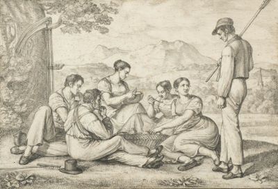 un vieux dessin représentant un groupe de personnes assises par terre